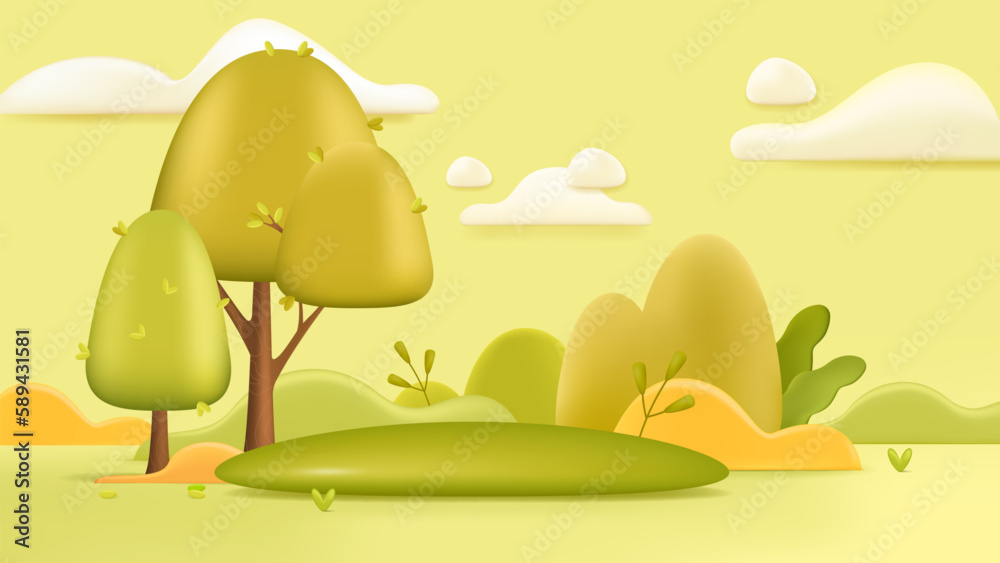 Fototapeta premium Green landscape background 3d illustration. Summer forest meadow with trees and grass in cartoon style. Nature, season, summer concept