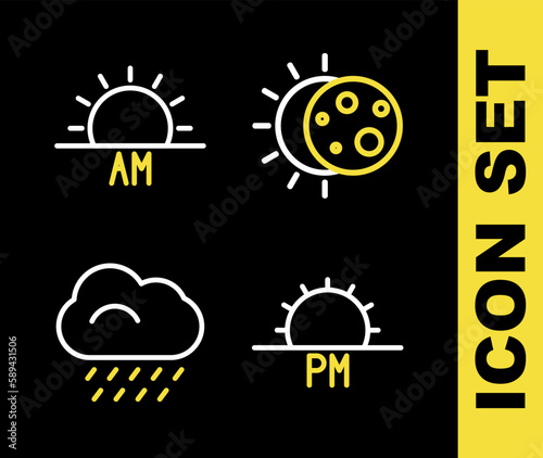 Set line Eclipse of the sun, Sunset, Cloud with rain and Sunrise icon. Vector
