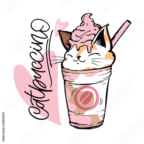 Catpuccino - cute hand drawn doodle illustration of cat with coffee mug. Cat lover, coffe time. T-shirt design, mug print. photo