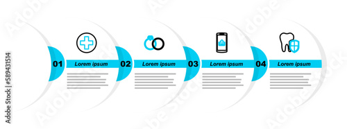 Set line Dental protection, Smartphone with upload, Wedding rings and Medical cross circle icon. Vector