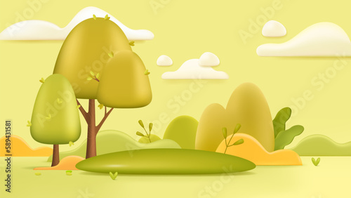 Green landscape background 3d illustration. Summer forest meadow with trees and grass in cartoon style. Nature, season, summer concept