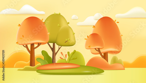 Autumn landscape background 3d illustration. Forest meadow with green and orange trees and plants in cartoon style. Nature, season, summer concept