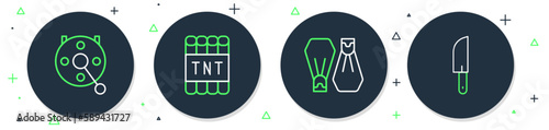 Set line Detonate dynamite bomb stick, Rubber flippers for swimming, Spinning reel fishing and Knife icon. Vector