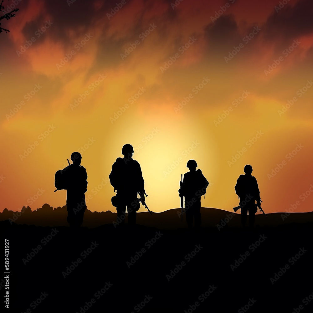 Silhouettes of Army soldiers walking at dusk.