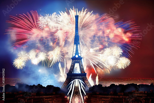 happy bastille day with eiffel tower, Bastille Day. Generative Ai photo