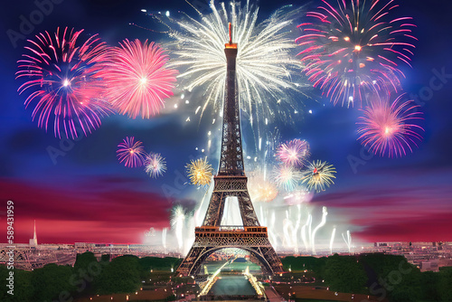 PARIS, FRANCE - JULY 14, 2017: Famous Eiffel Tower and beautiful fireworks during celebrations of French national holiday - Bastille Day. Generative Ai © Mukhlesur