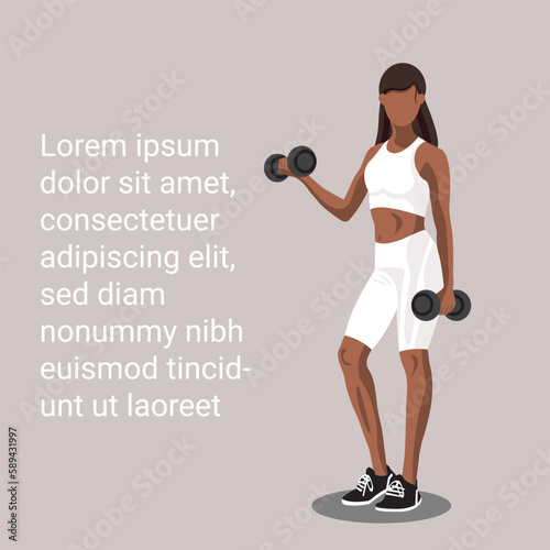 Fitness poster with a African American woman in sportswear standing and doing a workout with dumbbells on purple background with copy space text. Vector illustration