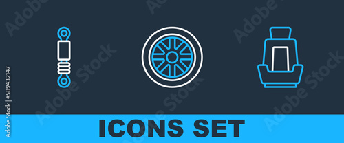 Set line Car seat, Shock absorber and wheel icon. Vector