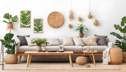 modern living A living room with a sofa and plants on the wallroom with sofa