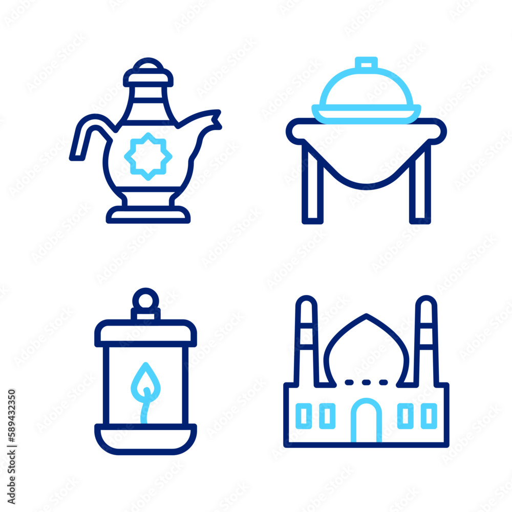 Set line Muslim Mosque, Ramadan Kareem lantern, Table food and Islamic teapot icon. Vector Set line Muslim Mosque, Ramadan Kareem lantern, Table food and Islamic teapot icon. Vector