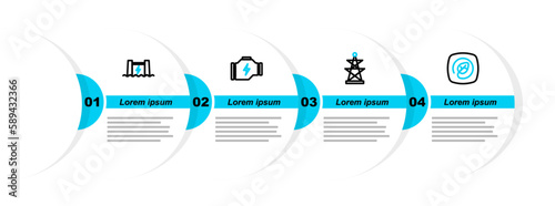 Set line Location with leaf, Electric tower, Check engine and Hydroelectric dam icon. Vector