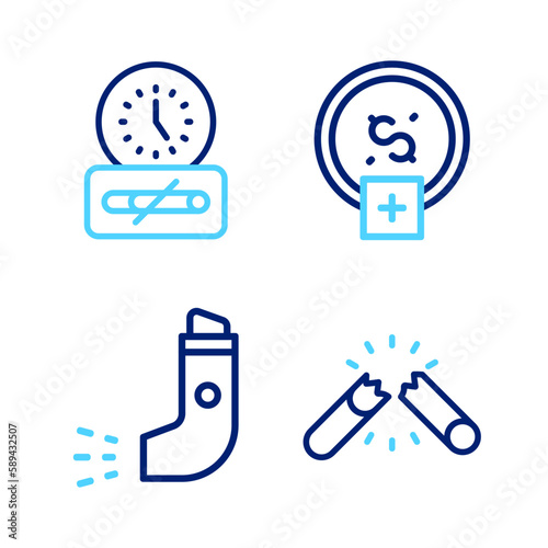 Set line Broken cigarette, Inhaler, Stop smoking, money saving and No time icon. Vector