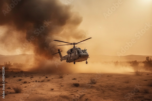 military chopper crosses crosses fire and smoke in the desert, wide poster design