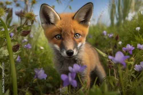 Little Cute fox in the grass Generative AI