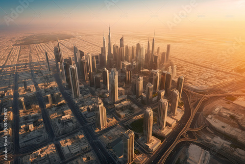 Aerial view of Dubai city in sunset light