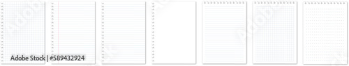 Realistic lined notepapers. Blank gridded notebook papers for homework and exercises. Grid page notebook with margin. Vector EPS 10 and PNG