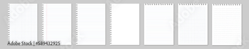 Realistic lined notepapers. Blank gridded notebook papers for homework and exercises. Grid page notebook with margin. Vector EPS 10