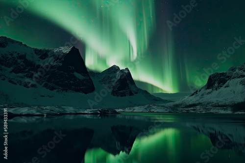 Aurora borealis on the Norway. Green northern lights above mountains. Night sky with polar lights. Night winter landscape with aurora