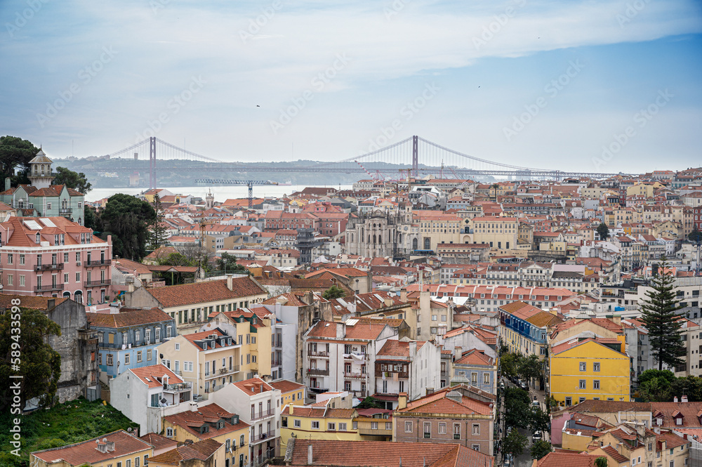 View of Lisbon old town and 25th of April Bridge, Portugal