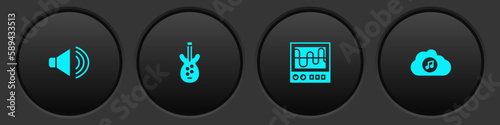 Set Speaker volume, Electric bass guitar, Oscilloscope and Music streaming service icon. Vector