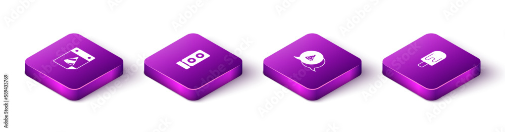 Set Isometric Calendar party, Stereo speaker, Slice of pizza and Ice cream icon. Vector Set Isometric Calendar party, Stereo speaker, Slice of pizza and Ice cream icon. Vector
