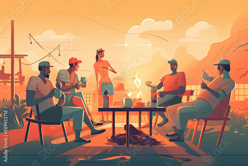 Concept of a moment of conviviality, with a group of friends gathered around a barbecue, to spend a moment of relaxation under the sun of a summer day