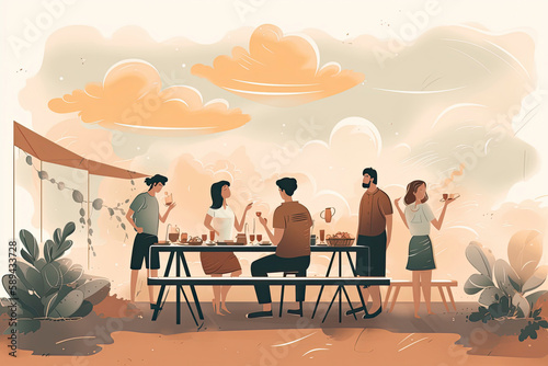 Concept of a moment of conviviality, with a group of friends gathered around a barbecue, to spend a moment of relaxation under the sun of a summer day