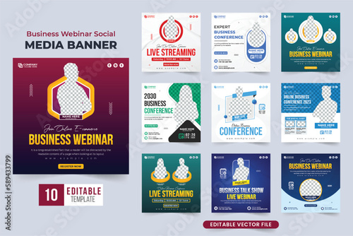 Marketing agency webinar template bundle with photo placeholders. Business promotion and conference announcement poster set design. Office seminar and webinar social media post collection.