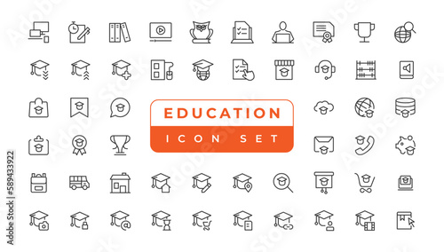 E-learning icon set. Online education icon set. Thin line icons set. Distance learning. Containing video tuition, e-learning, online course, audio course, educational website
