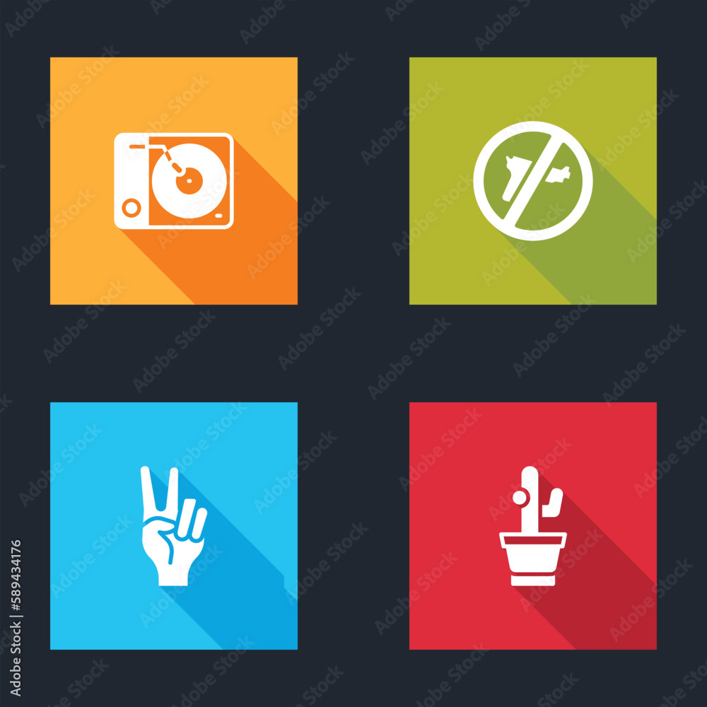 Set Vinyl player, No war, Peace symbol and Cactus icon. Vector Set Vinyl player, No war, Peace symbol and Cactus icon. Vector
