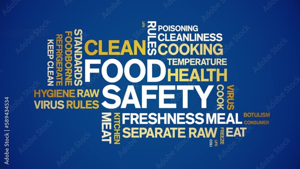 Food Safety animated tag word cloud;text design animation kinetic typography seamless loop.