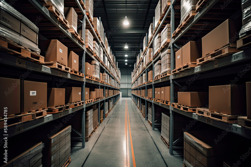 Huge distribution warehouse with high shelves