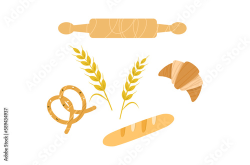 Set of vegan bakery vector, delicious organic bakery vector, barley plant and carbohydrate product, flat design of food top view, flat design of bakery set, yummy croissant top view isolated.