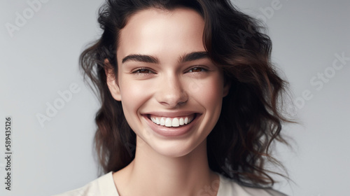 A studio portrait of a beautiful smiling woman with perfect skin, standing against a stark white backdrop. Generative AI image.