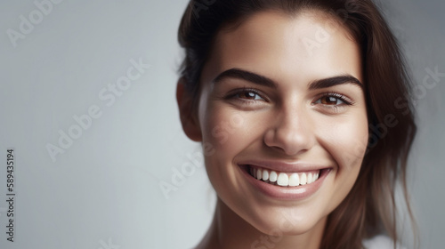 A studio portrait of a beautiful smiling woman with perfect skin, standing against a stark white backdrop. Generative AI image.