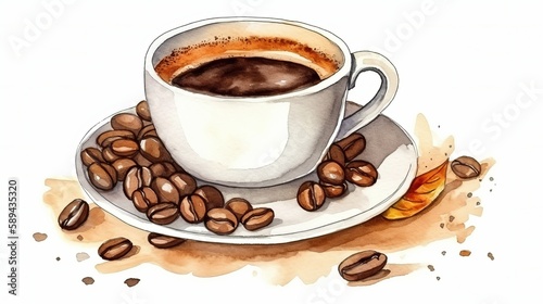 Cup of morning coffee with coffee beans. Watercolor hand drawn illustration Generative AI