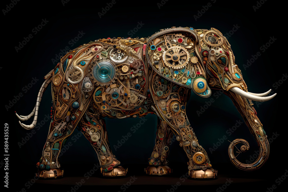 Scene of a full body elephant, a cyborg elephant made from small pieces of antique Scene of a full body elephant, a cyborg elephant made from small pieces of antique