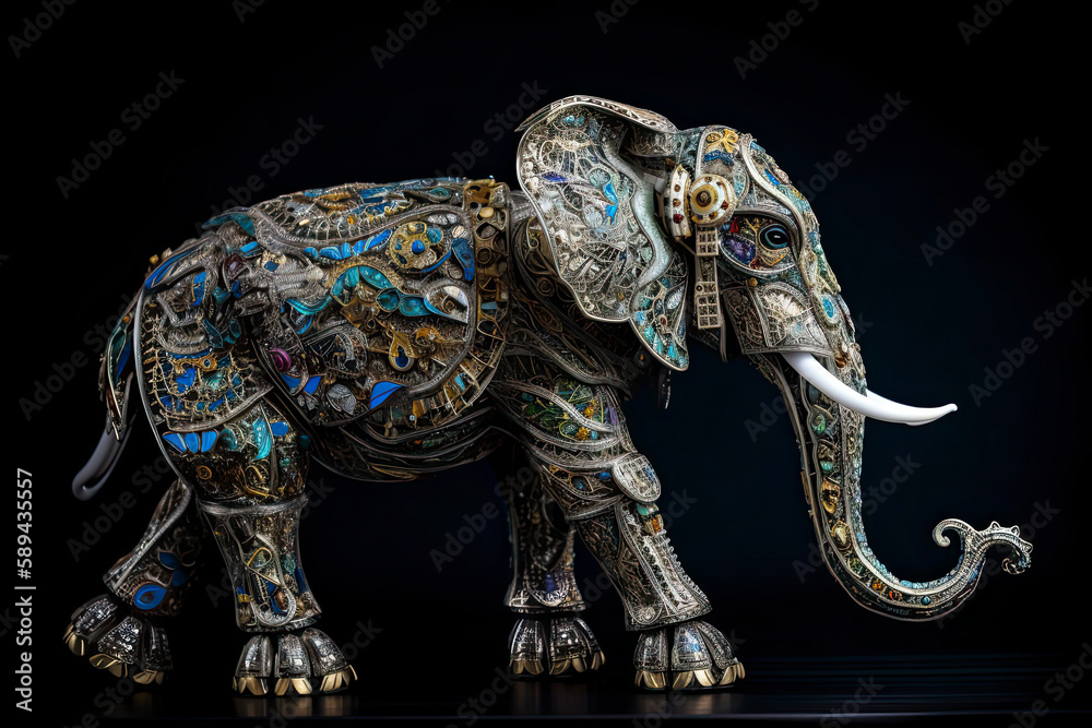 Scene of a full body elephant, a cyborg elephant made from small pieces of antique Scene of a full body elephant, a cyborg elephant made from small pieces of antique
