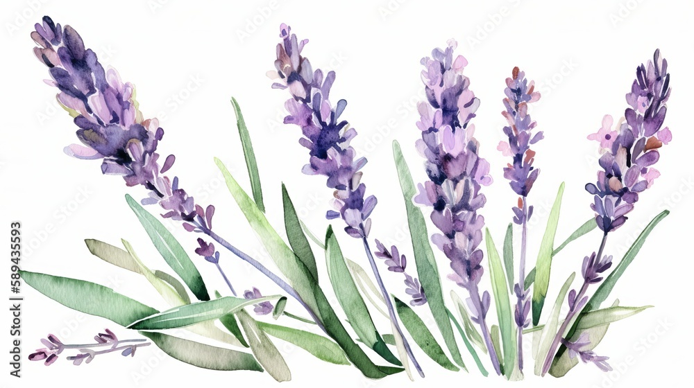 Obraz premium Lavender watercolor background . Delicate floral bouquet on white background Generative AI