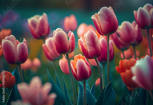 Spring blossoming tulips in garden, springtime bright flowers in the field, pastel and soft floral card, selective focus, shallow DOF, toned. Generative AI