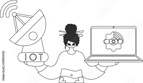 A woman utilizing antenna and laptop to process Internet of Things data, shown in vector linear form