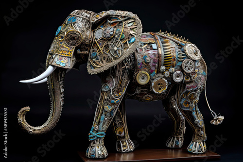 Scene of a full body elephant  a cyborg elephant made from small pieces of antique