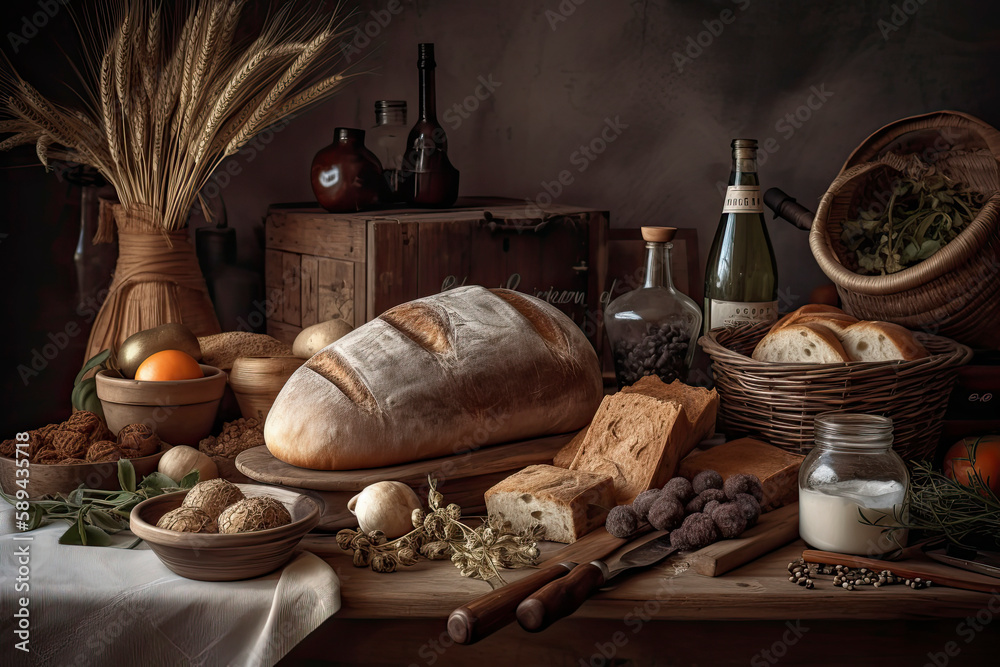 Fototapeta premium Still life with bread and its ingredients in vintage setting