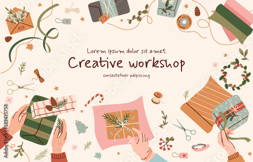 Creative craft workshop. Characters with scissors and envelopes. Handwork and preparation of gifts and presents. Poster or banner. Creative classes and lessons. Cartoon flat vector illustration