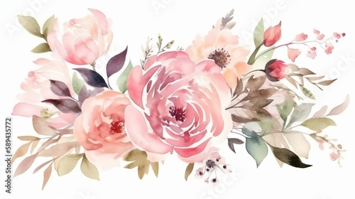 Watercolor bouquet with roses and peony flowers Generative AI