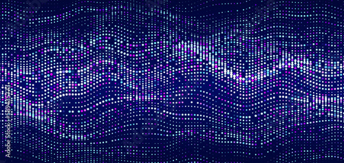 Flow of blue shimmering particles. Glowing dynamic halftone sound wave. Vector Illustration.