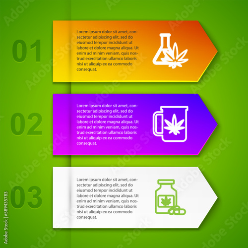 Set line Test tube with marijuana, Cup tea, Medical bottle and . Business infographic template. Vector