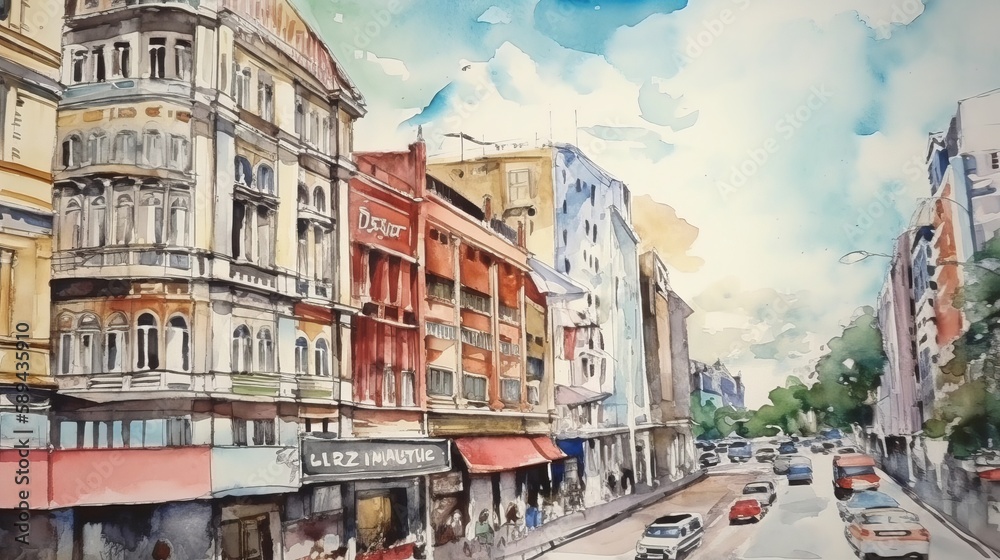 watercolor drawing cityscape big city downtown, aquarelle painting Generative AI