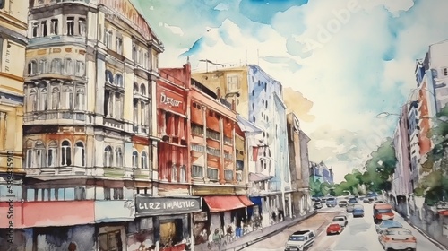 watercolor drawing cityscape big city downtown  aquarelle painting Generative AI