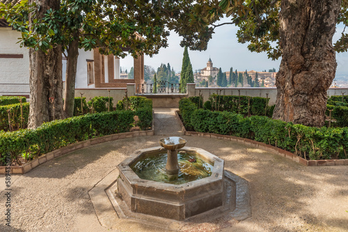 Photographs taken from various angles of the Al-Hamra palace in Granada, Andalusia, Spain.